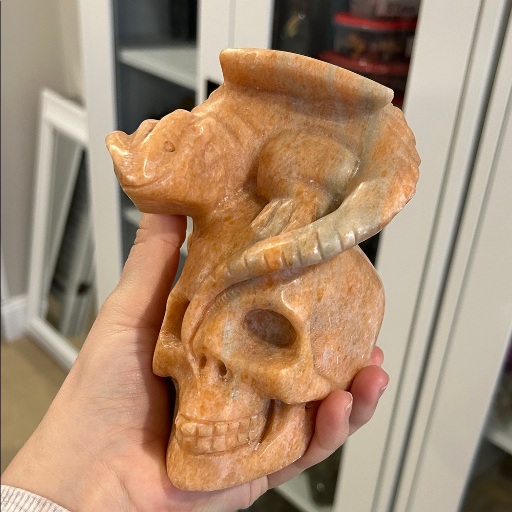 Sunstone Crystal Skull with Dragon Sculpture